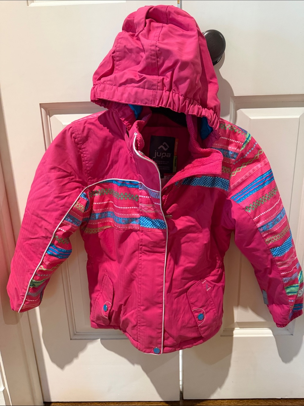 Jupa Girls' Hot Pink Hooded Winter Puffer Ski Jacket with Striped Accents